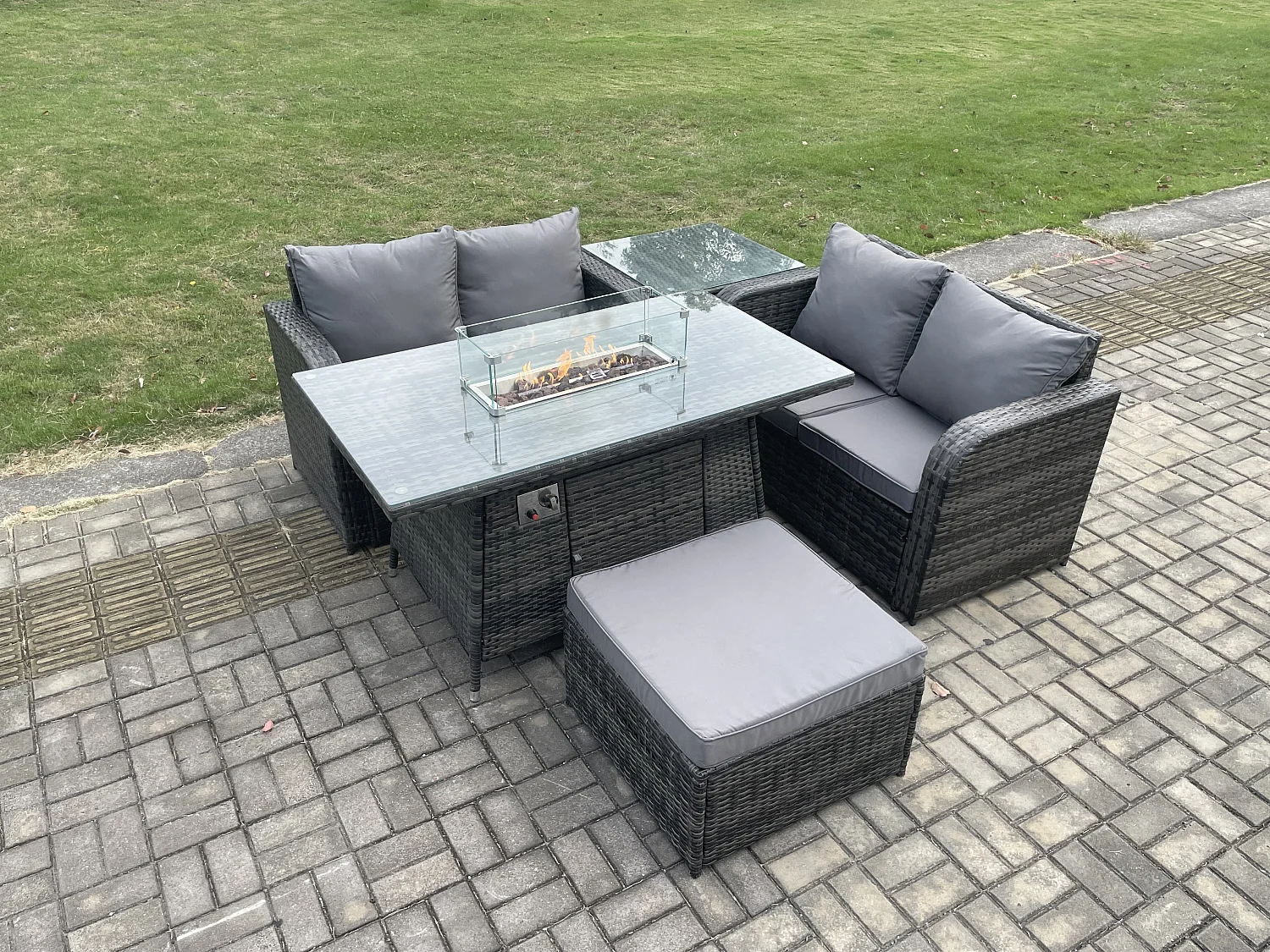 Gartengarnitur Polyrattan mit Gas Feuerstelle Dunkelgrau