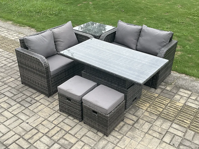 6-Sitzer Polyrattan Gartenmöbel Set mit Einstellbare Höhe Esstisch Dunkelgrau