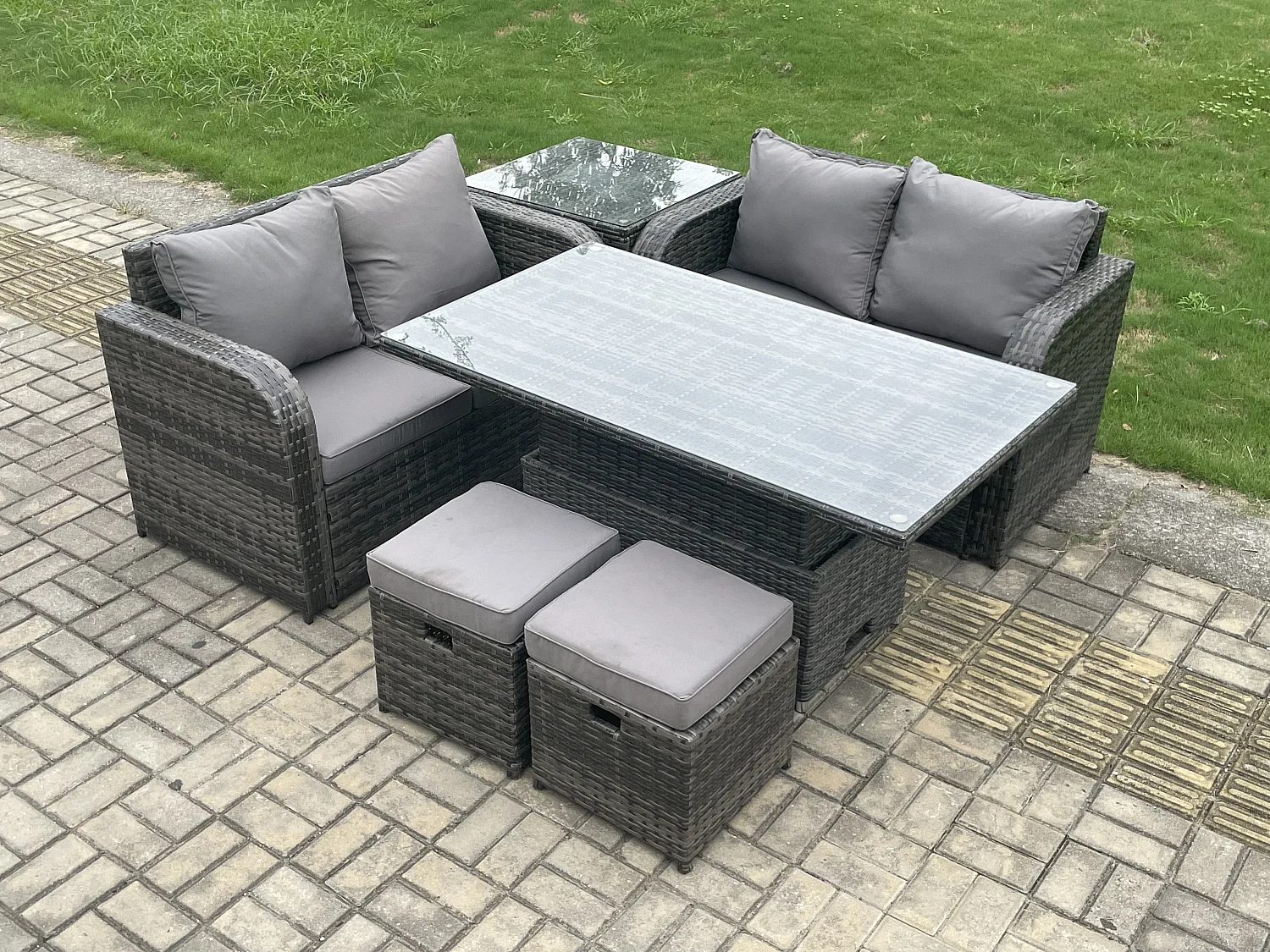 6-Sitzer Polyrattan Gartenmöbel Set mit Einstellbare Höhe Esstisch Dunkelgrau
