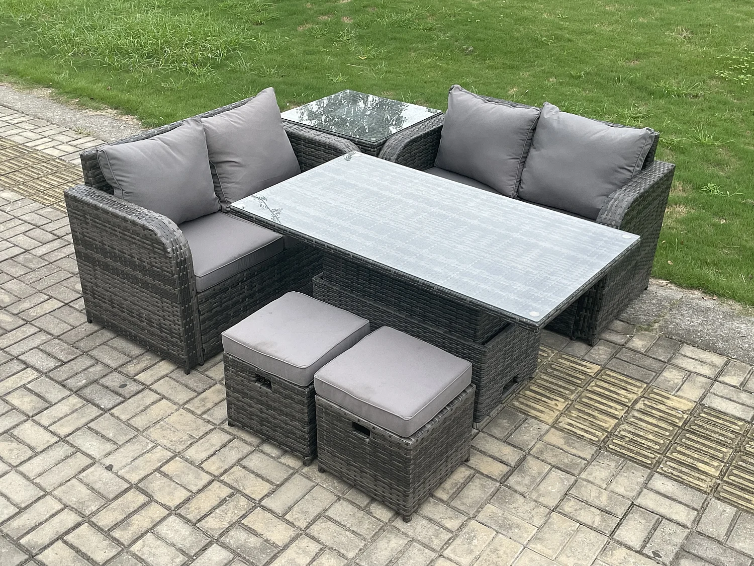 6-Sitzer Polyrattan Gartenmöbel Set mit Einstellbare Höhe Esstisch Dunkelgrau