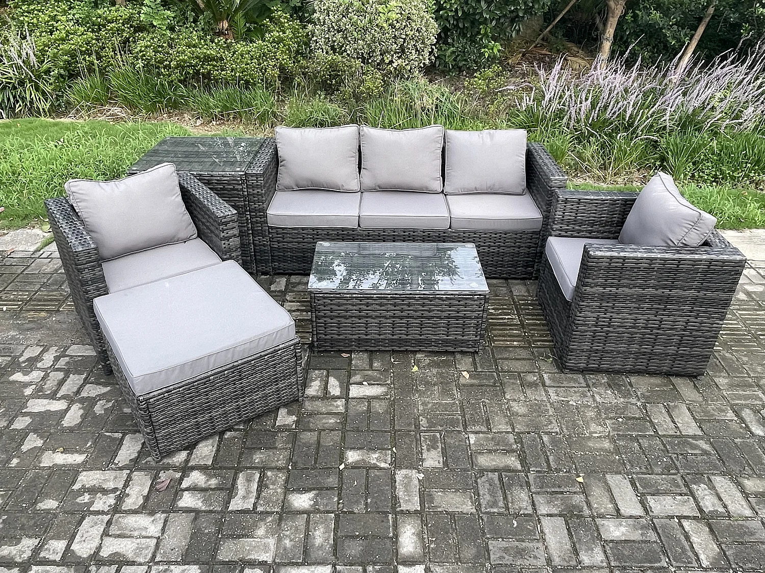 Fimous Rattan Garden Furniture Set with 3 Seater Sofa Coffee Table Side Table 2 Armchairs Footstool Indoor Outdoor Patio Lounge Sofa Set Dark Grey Mixed