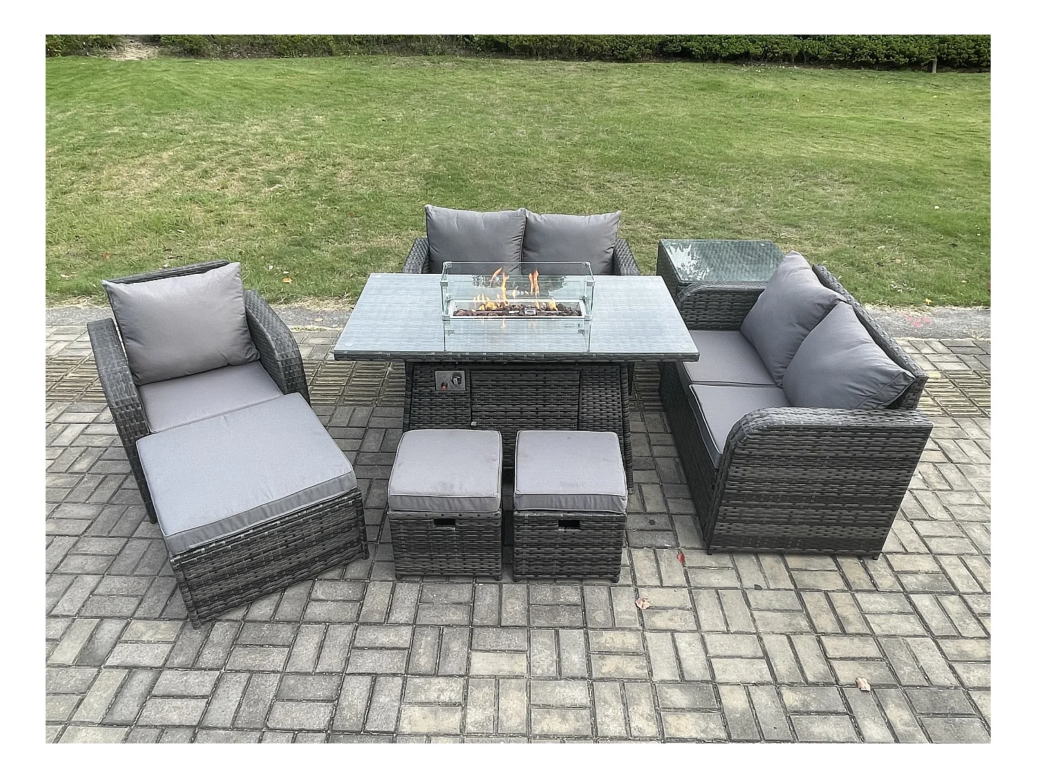 Gartensofa Set mit Gas Feuertisch Dunkelgrau 8-Sitzer