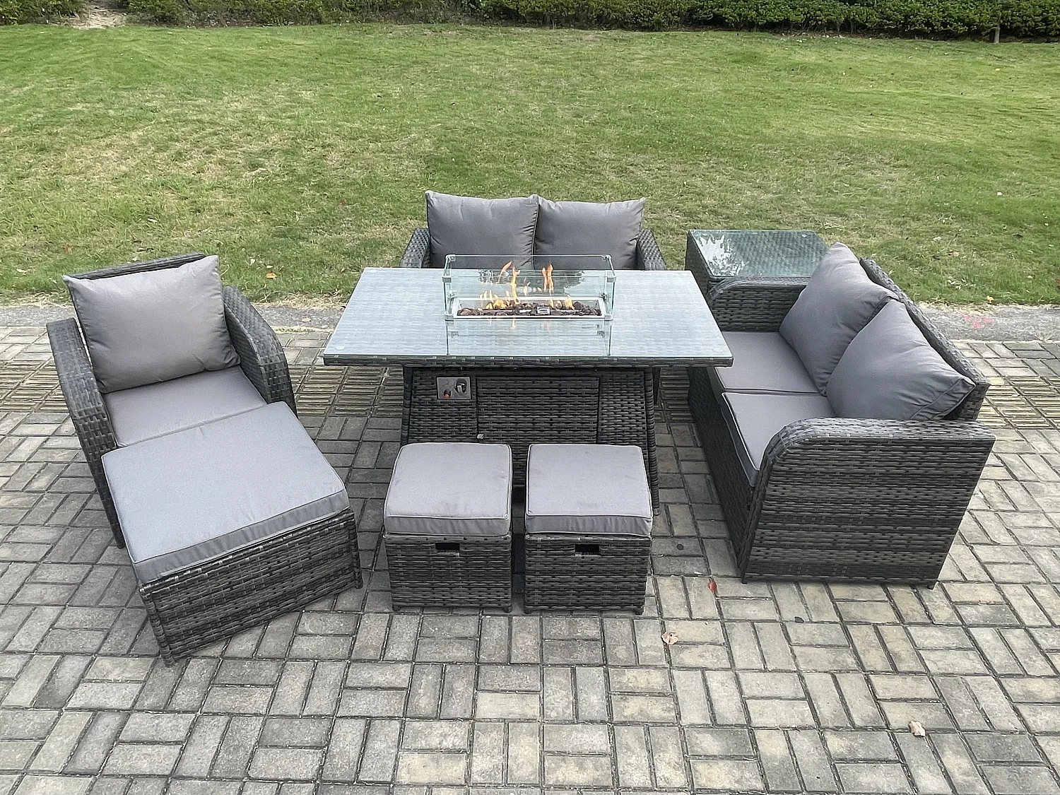 Gartensofa Set mit Gas Feuertisch Dunkelgrau 8-Sitzer