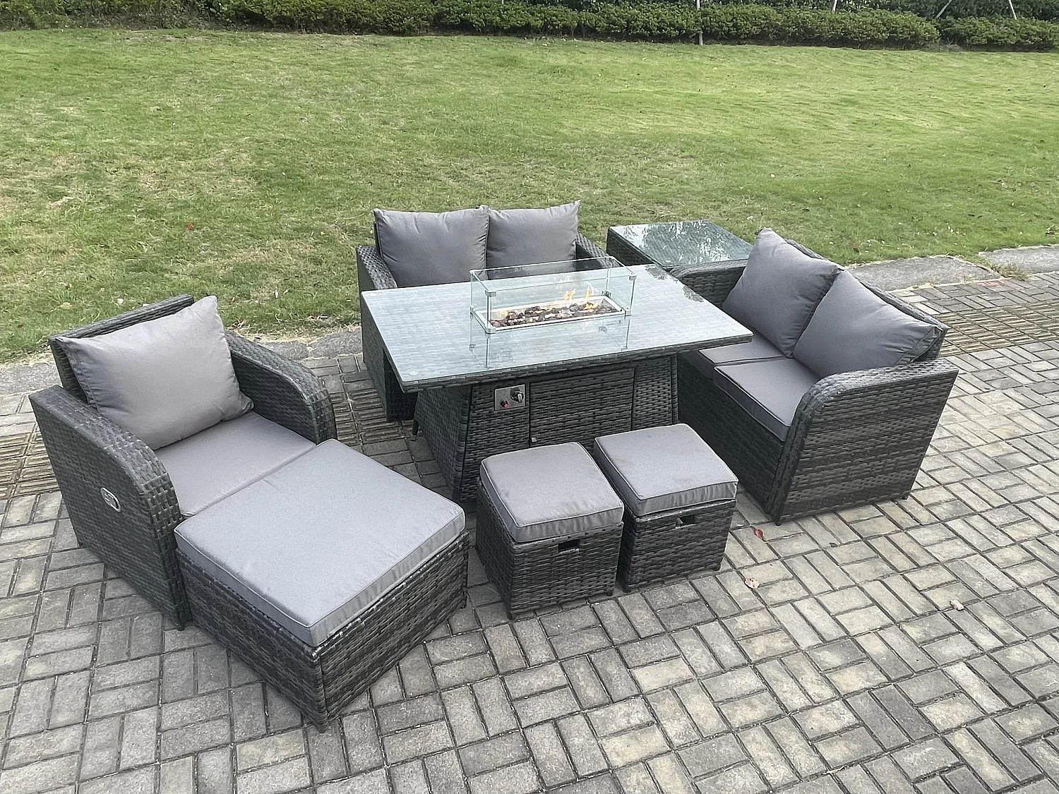 Gartensofa Set mit Gas Feuertisch Dunkelgrau 8-Sitzer