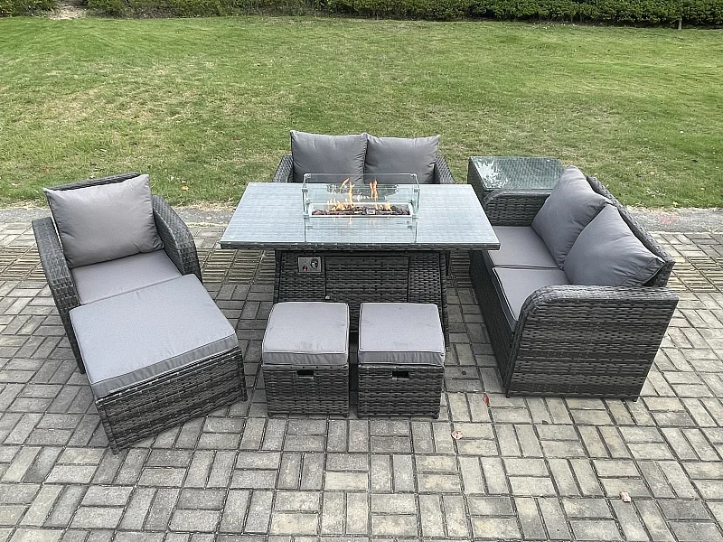 Gartensofa Set mit Gas Feuertisch Dunkelgrau 8-Sitzer