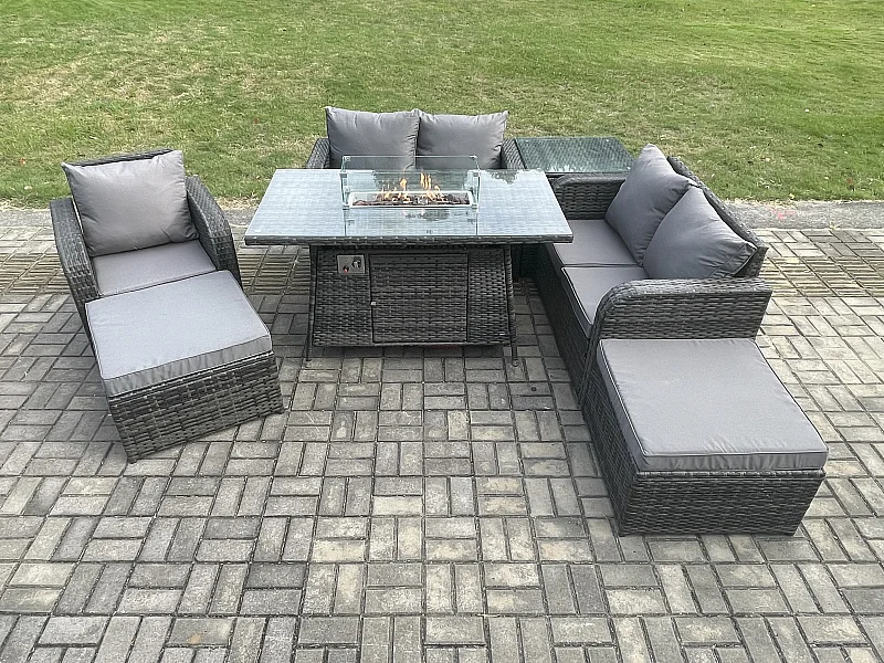 Gartensofa Set mit Gas Feuertisch 7-Sitzer Dunkelgrau