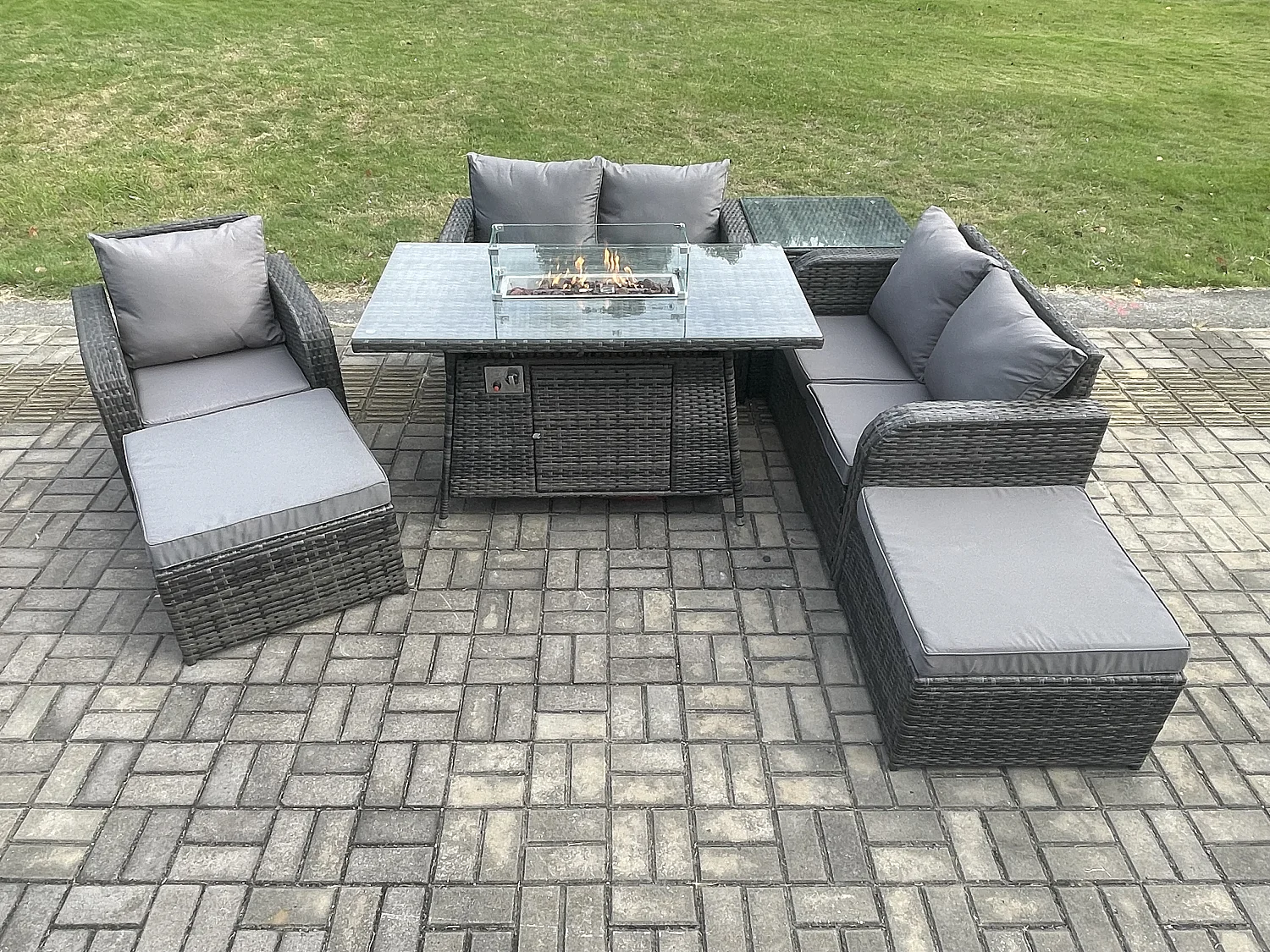 Gartensofa Set mit Gas Feuertisch 7-Sitzer Dunkelgrau