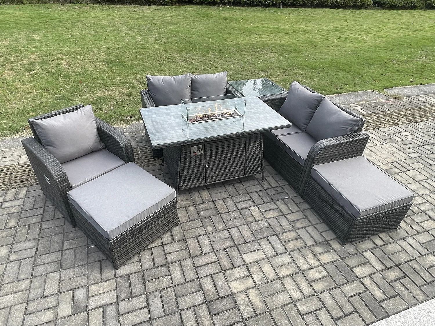 Gartensofa Set mit Gas Feuertisch 7-Sitzer Dunkelgrau