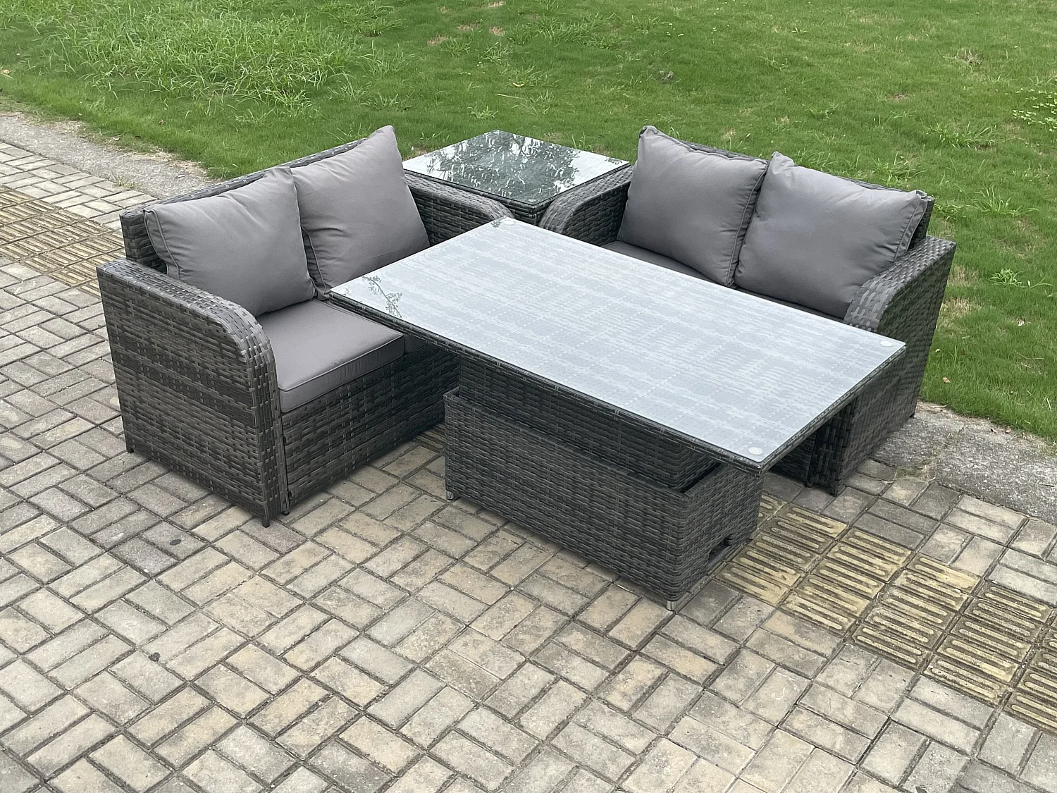 4-Sitzer Polyrattan Gartenmöbel Set mit Einstellbare Höhe Esstisch Dunkelgrau
