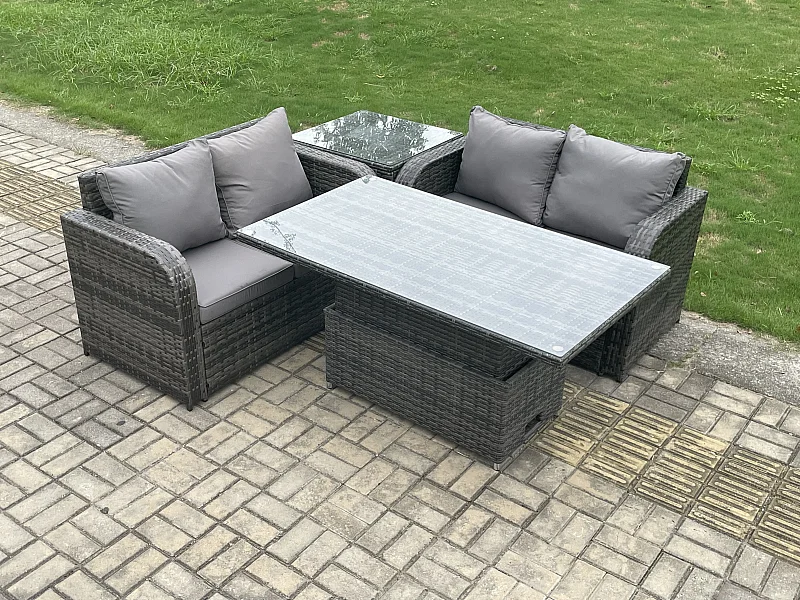 4-Sitzer Polyrattan Gartenmöbel Set mit Einstellbare Höhe Esstisch Dunkelgrau