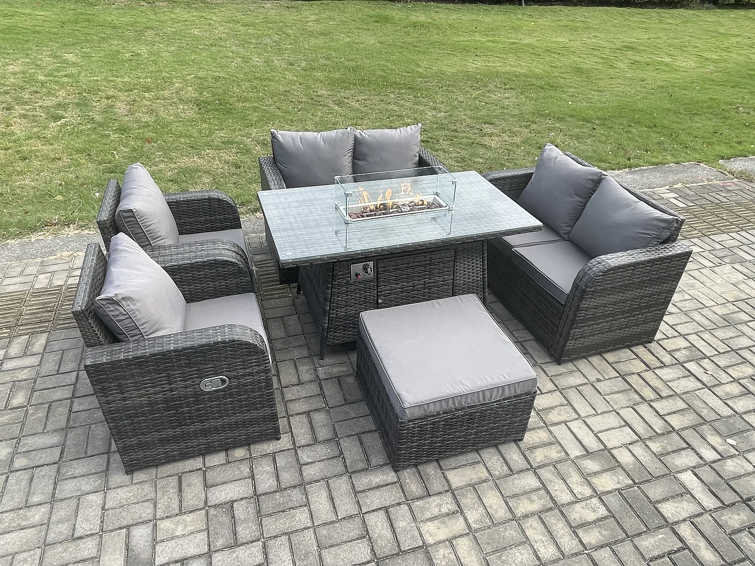 7-Sitzer Gartengarnitur Polyrattan mit Gas Feuerstelle Dunkelgrau