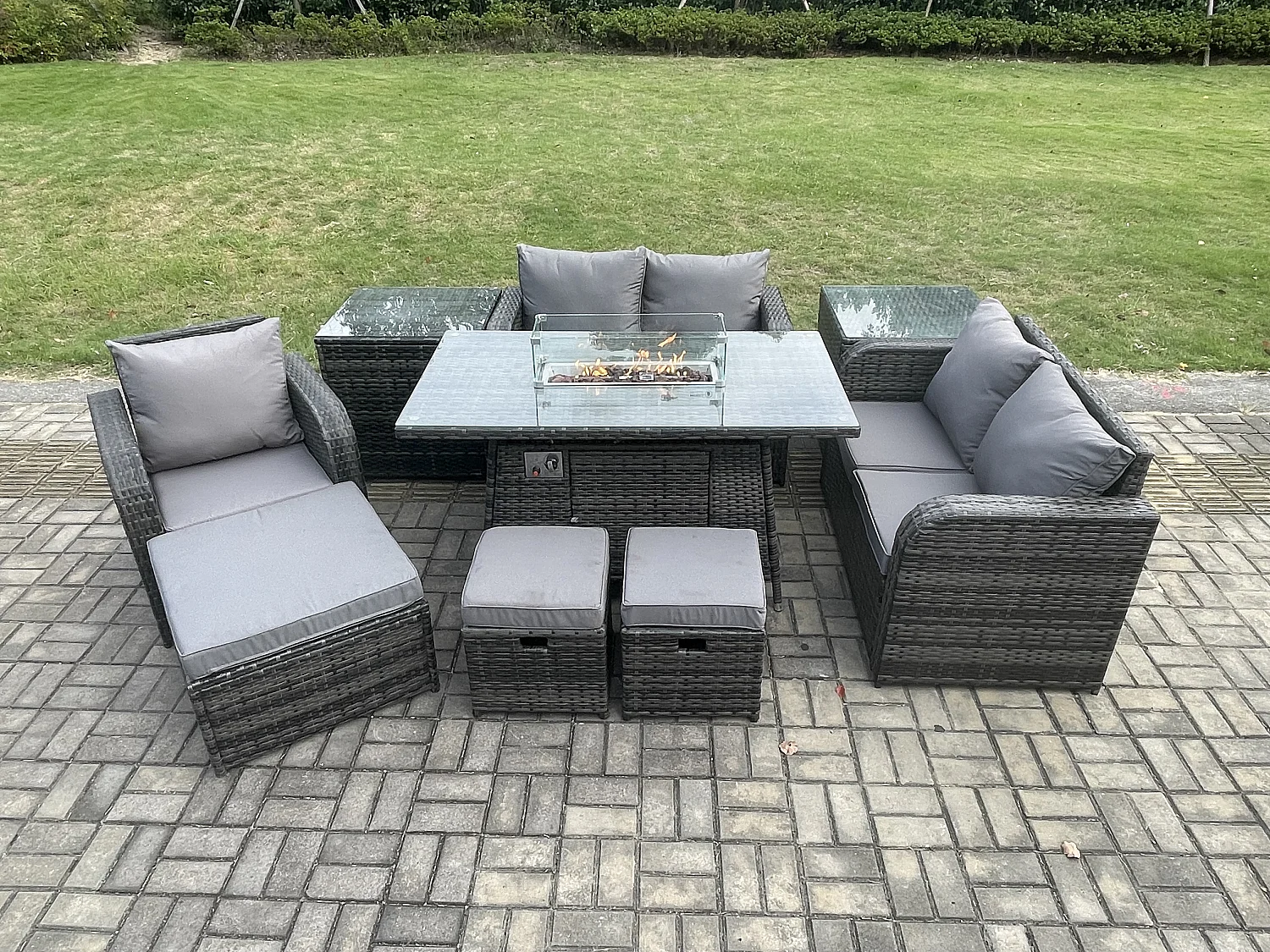 8-Sitzer Gartensofa Set mit Gas Feuertisch Dunkelgrau