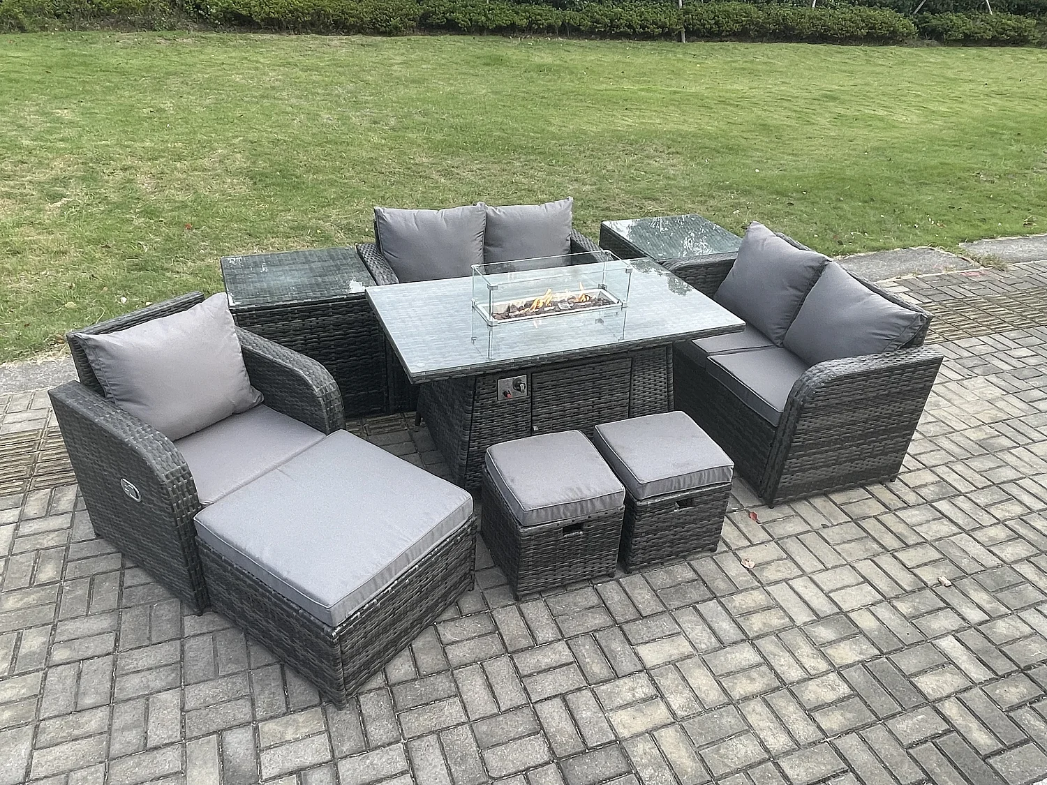 8-Sitzer Gartensofa Set mit Gas Feuertisch Dunkelgrau