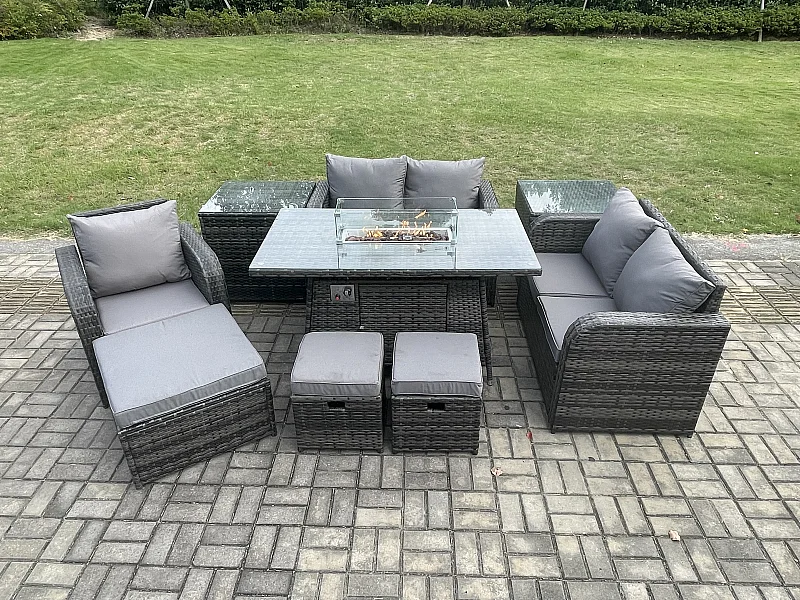 8-Sitzer Gartensofa Set mit Gas Feuertisch Dunkelgrau