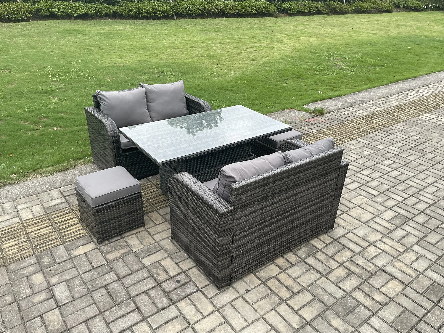 Polyrattan Gartenmöbel Set mit Einstellbare Höhe Esstisch Dunkelgrau 6-Sitzer