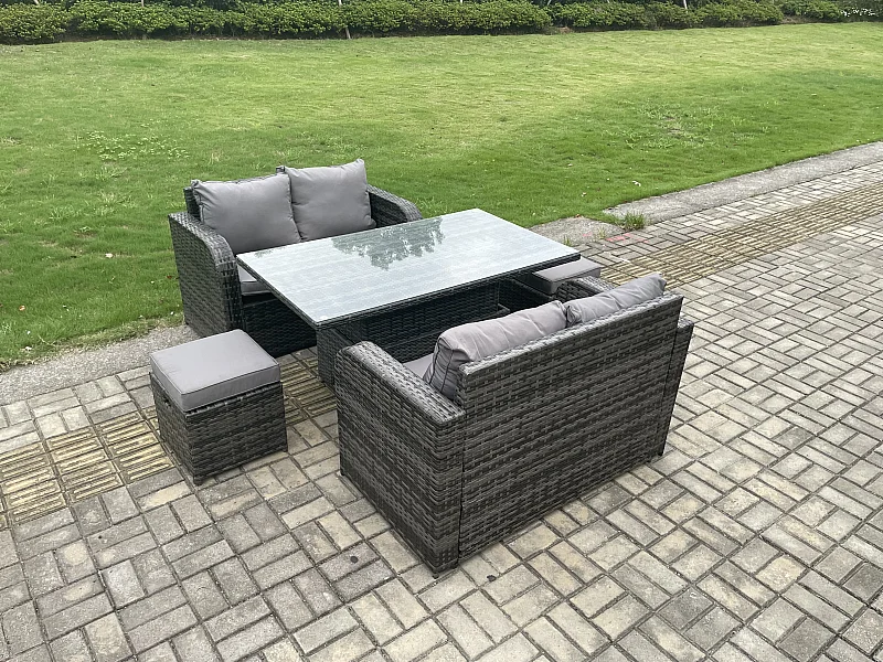 Polyrattan Gartenmöbel Set mit Einstellbare Höhe Esstisch Dunkelgrau 6-Sitzer