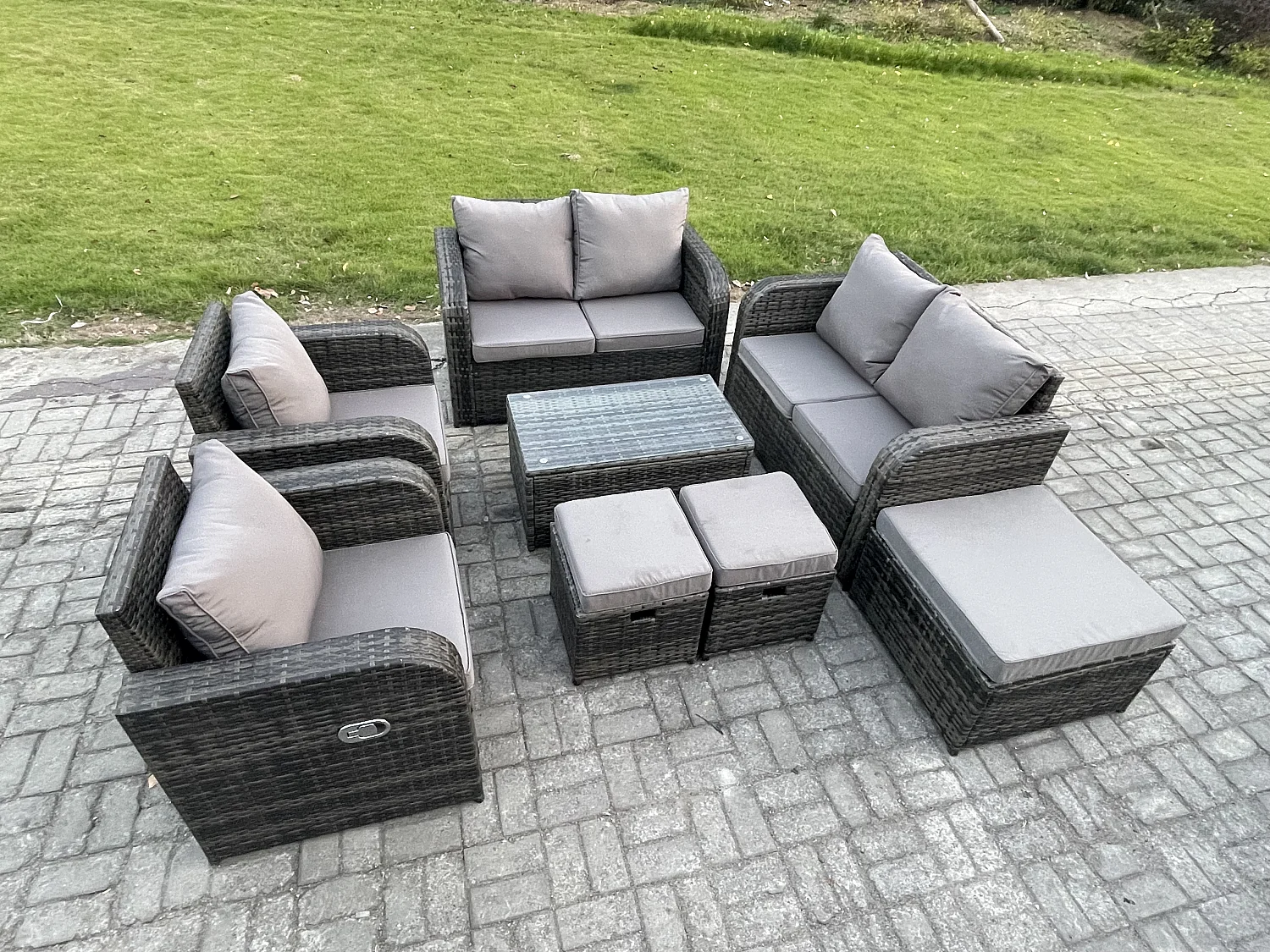 Rattan Gartenmöbel Set mit Tish Sofa Dunkelgrau 9-Sitzer