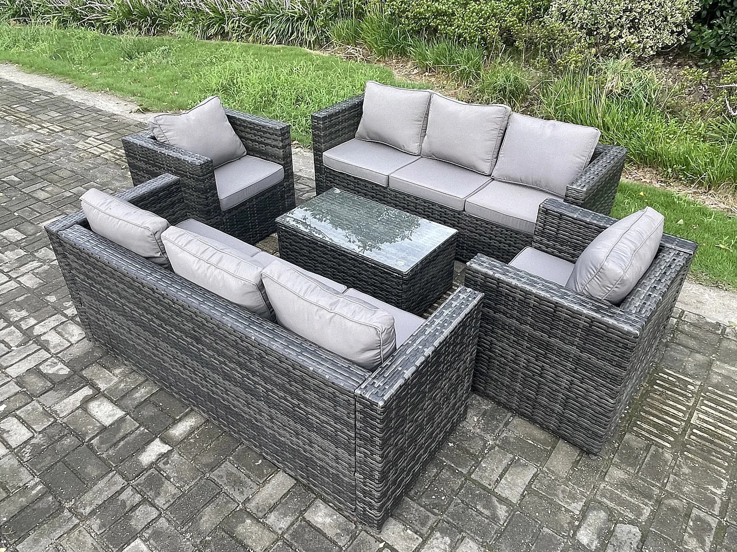 Fimous Wicker PE Rattan Sofa Set Outdoor Patio Garden Furniture with 2 Armchairs Oblong Coffee Table Dark Grey Mixed