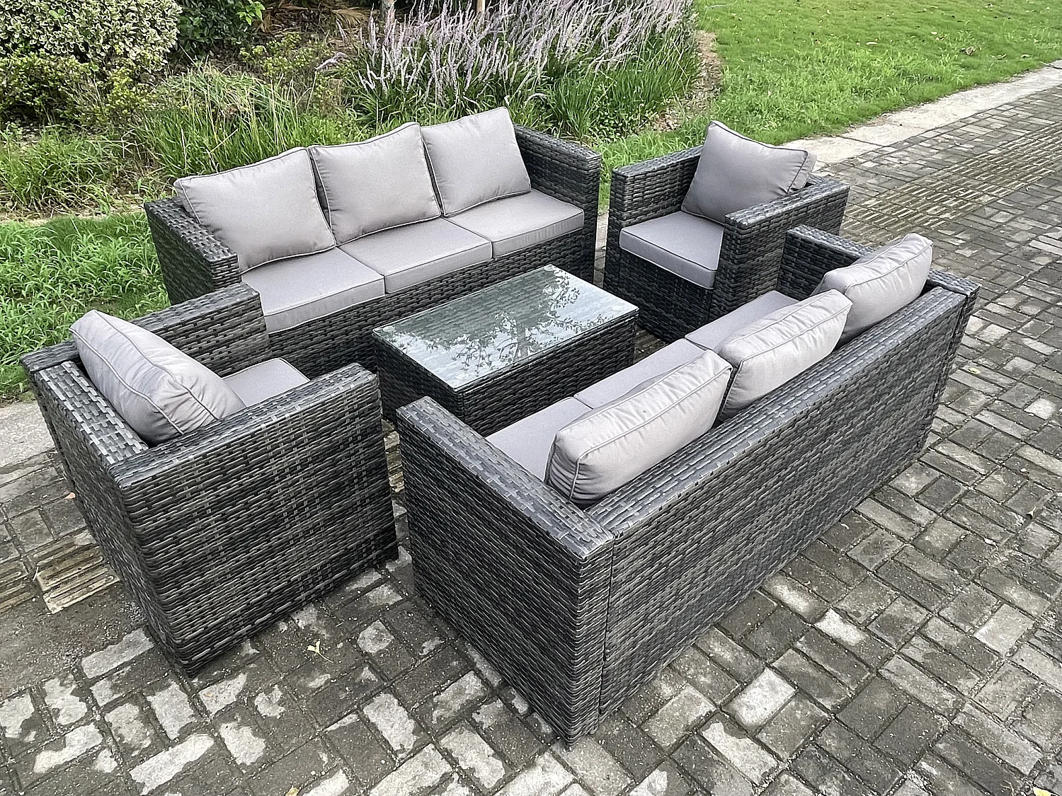 Fimous Wicker PE Rattan Sofa Set Outdoor Patio Garden Furniture with 2 Armchairs Oblong Coffee Table Dark Grey Mixed