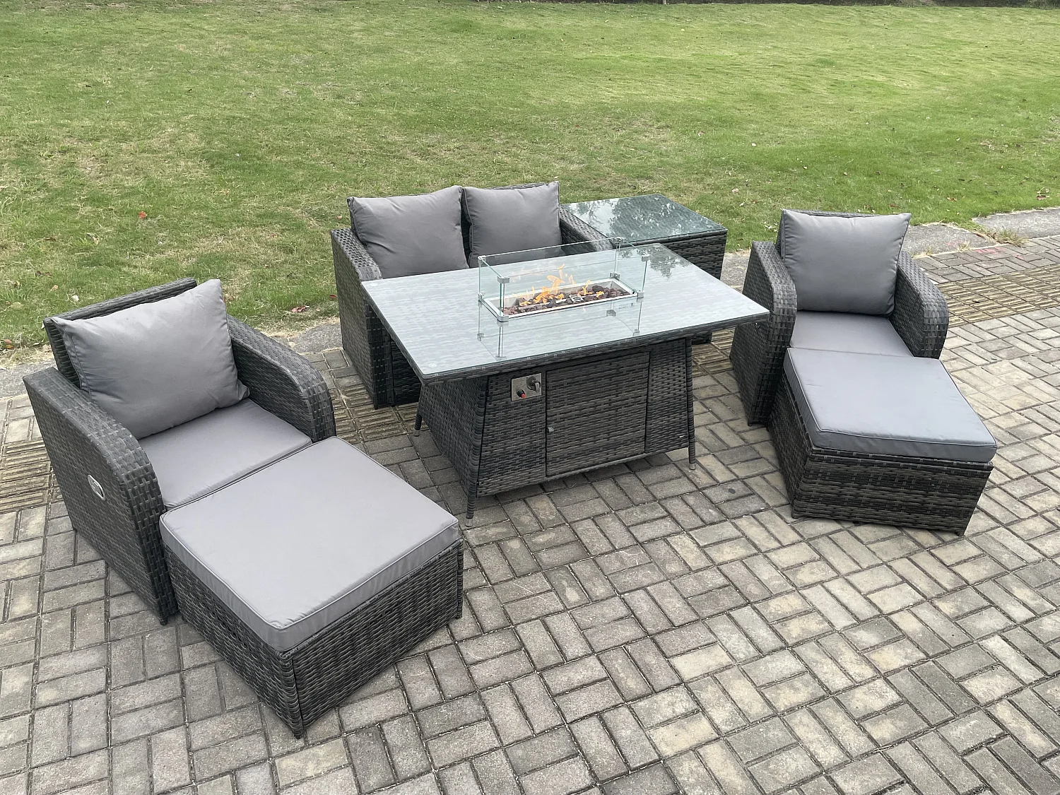 6-Sitzer Gartengarnitur Polyrattan mit Gas Feuertisch