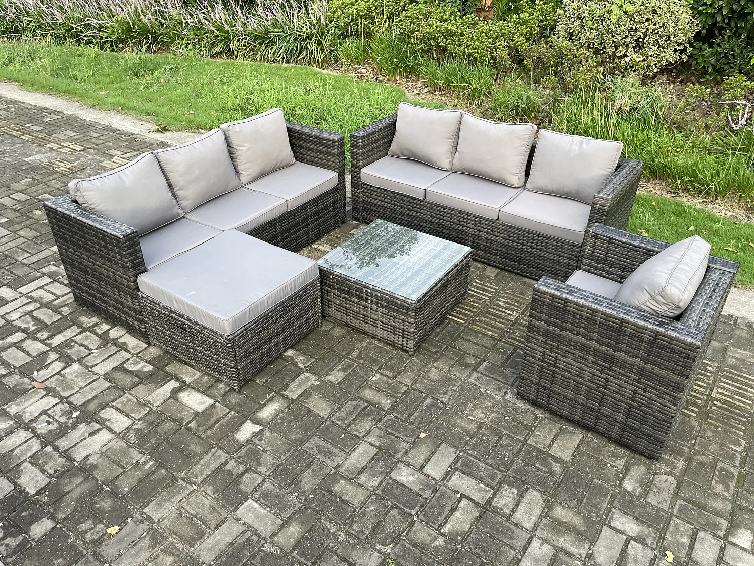 Fimous Rattan Garden Furniture Sofa Set with Armchair Square Coffee Table Big Footstool Indoor Outdoor 8 Seater Rattan Set Dark Grey Mixed
