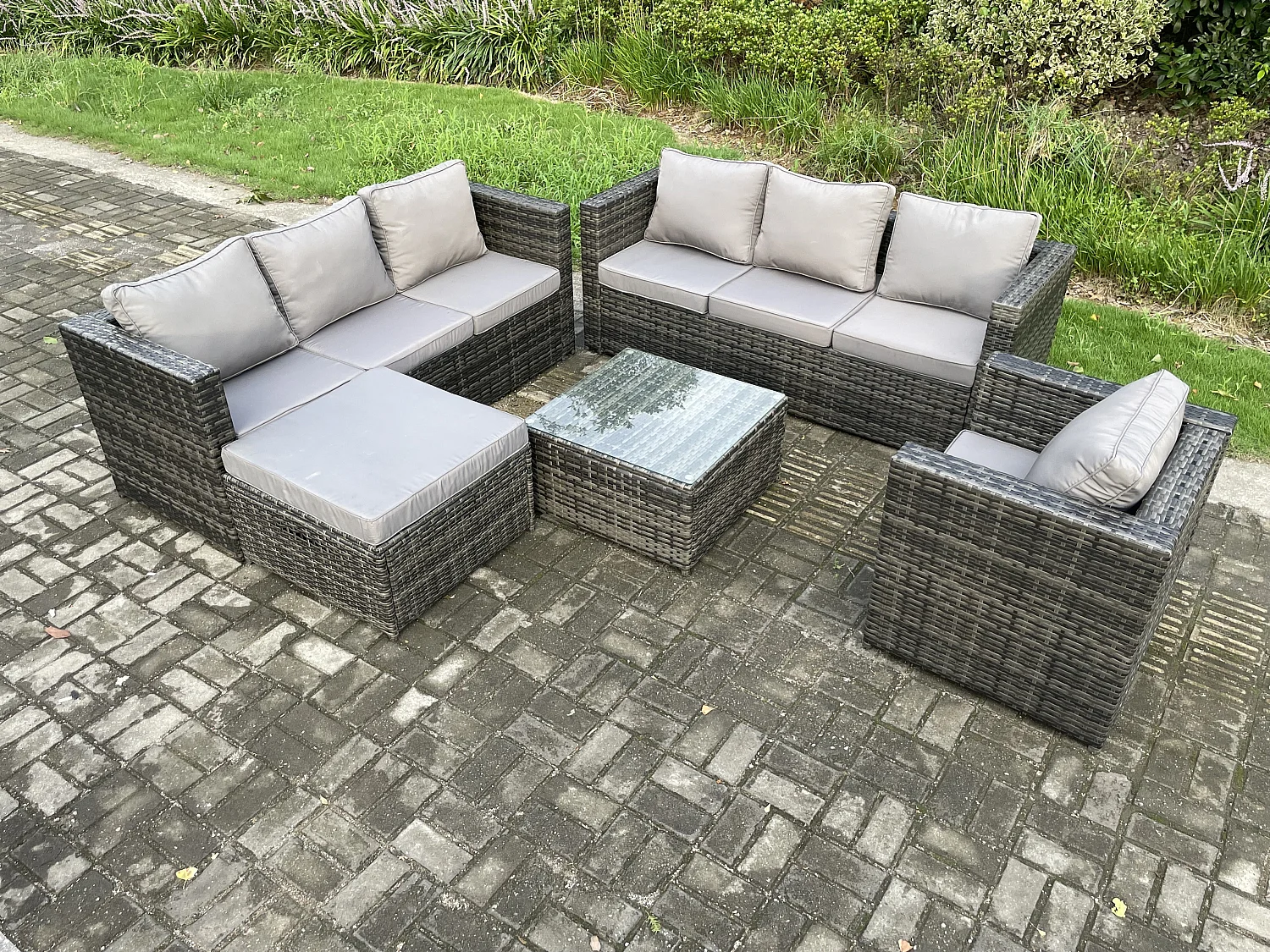 Fimous Rattan Garden Furniture Sofa Set with Armchair Square Coffee Table Big Footstool Indoor Outdoor 8 Seater Rattan Set Dark Grey Mixed