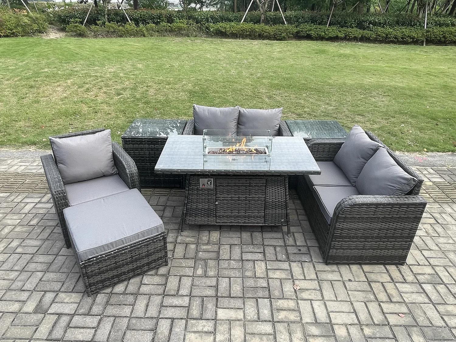 Gartensofa Set mit Gas Feuertisch Dunkelgrau 6-Sitzer