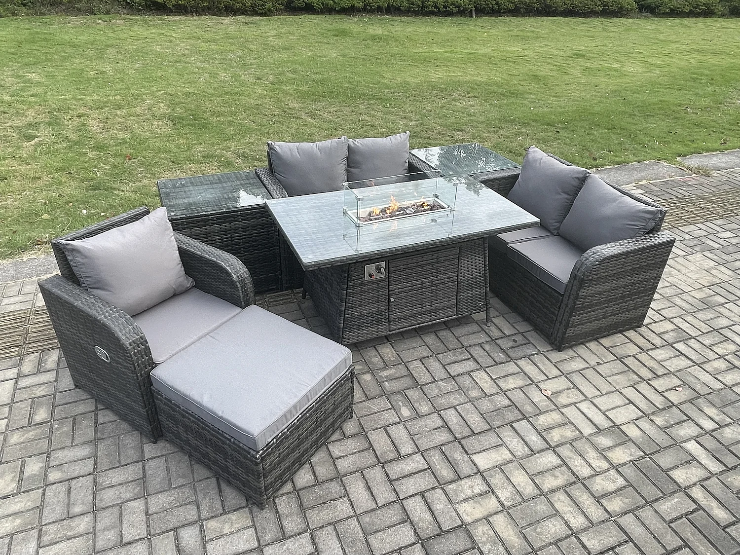 Gartensofa Set mit Gas Feuertisch Dunkelgrau 6-Sitzer
