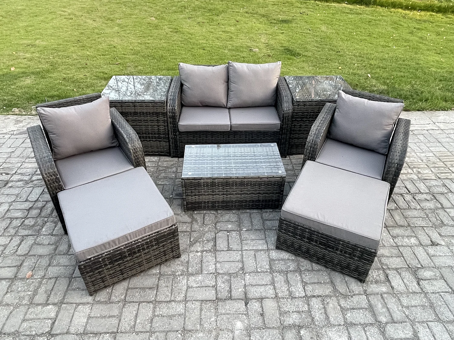 6-Sitzer Rattan Gartenmöbel Set mit Sofa Dunkelgrau