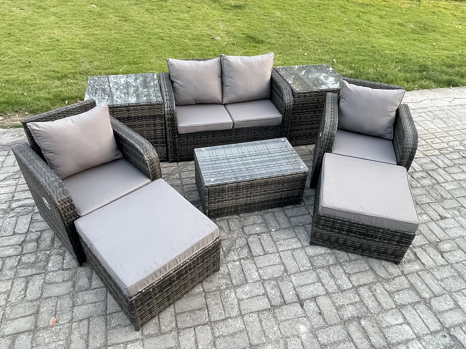 6-Sitzer Rattan Gartenmöbel Set mit Sofa Dunkelgrau