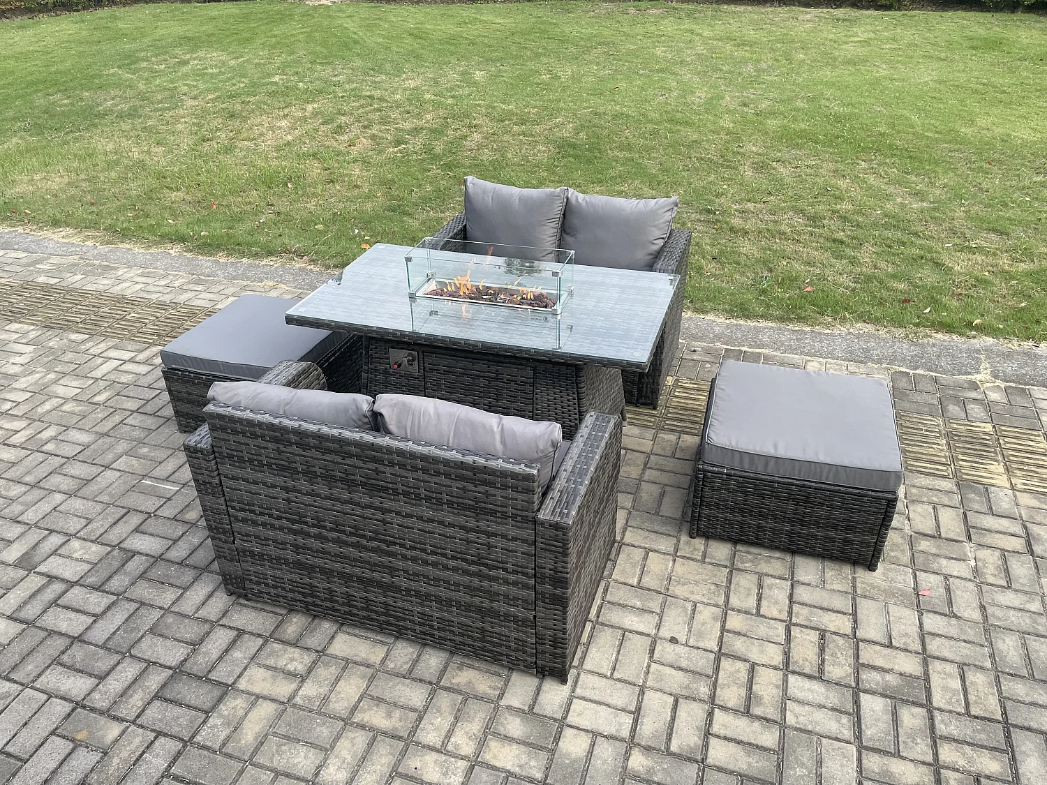 6-Sitzer Gartengarnitur Polyrattan mit Gas Feuerstelle Dunkelgrau