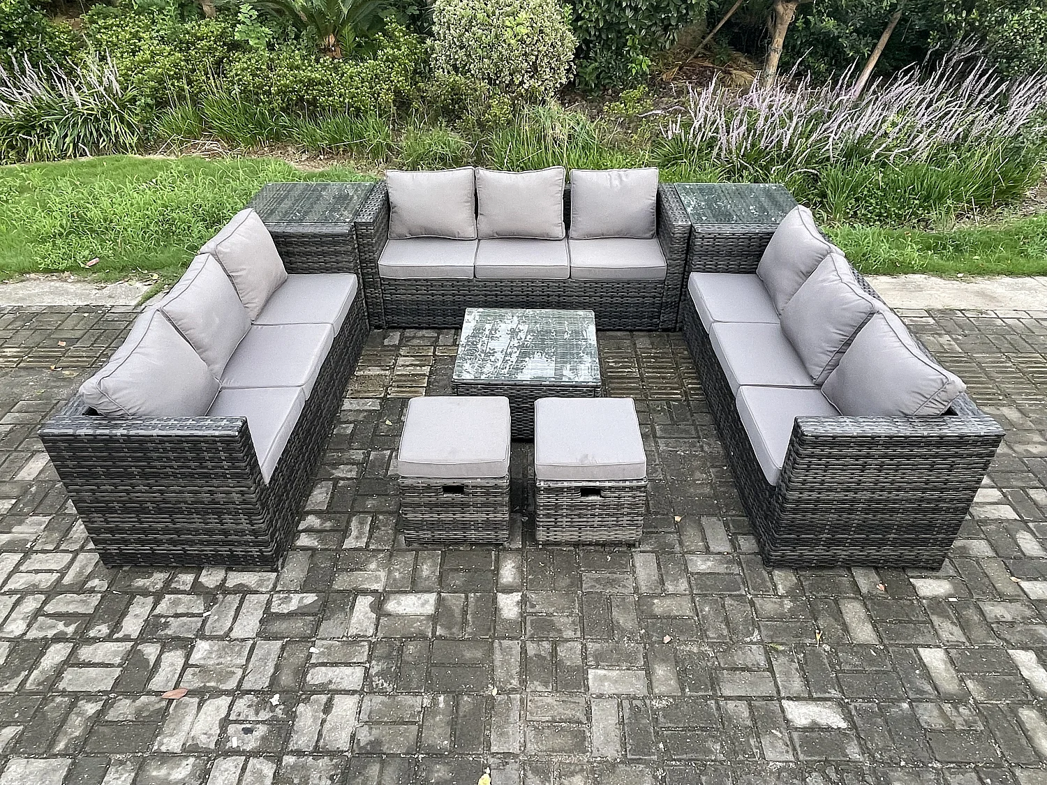 11-Sitzer Polyrattan Gartenmöbelset mit Beistelltisch Dunkelgrau