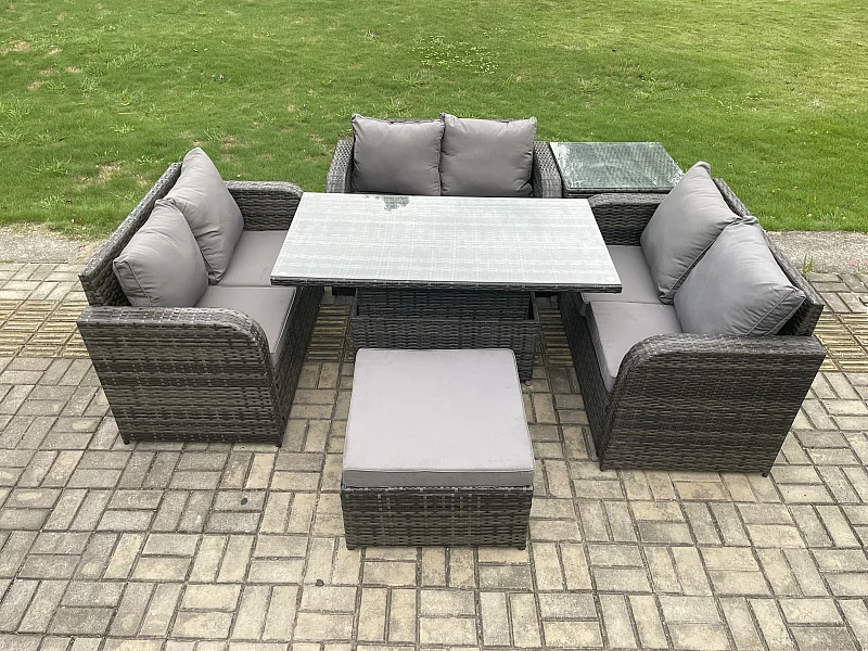 7-Sitzer Polyrattan Gartenmöbel Set mit Esstisch Hocker Sofa
