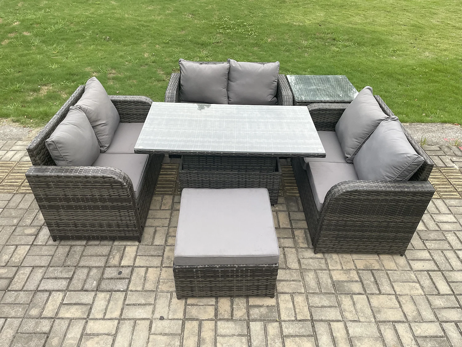 7-Sitzer Polyrattan Gartenmöbel Set mit Esstisch Hocker Sofa