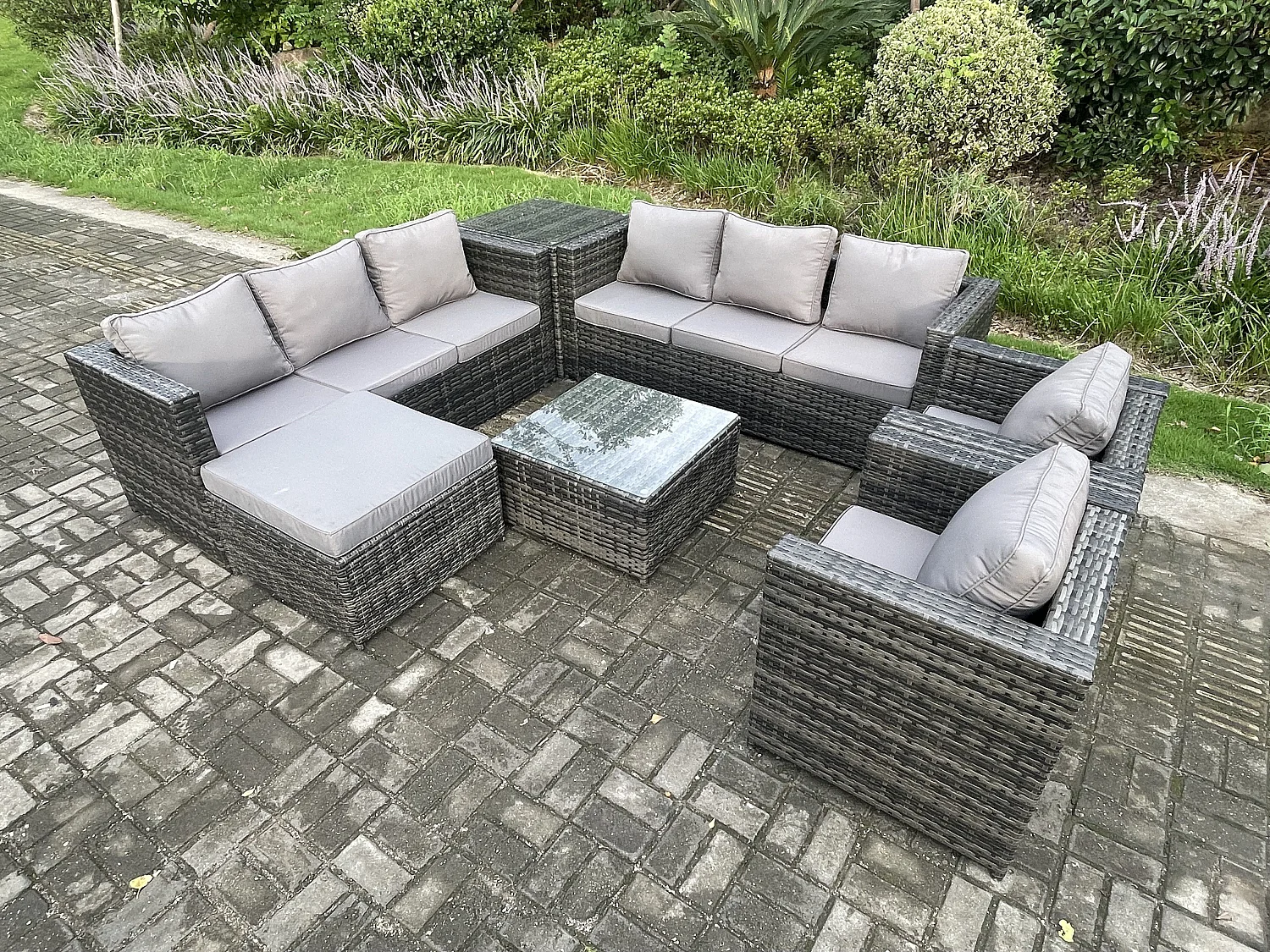 Fimous Outdoor Rattan Garden Furniture Set 9 Seater Patio Lounge Sofa Set with 2 Armchairs Side Table Square Coffee Table Big Footstool Dark Grey Mixed