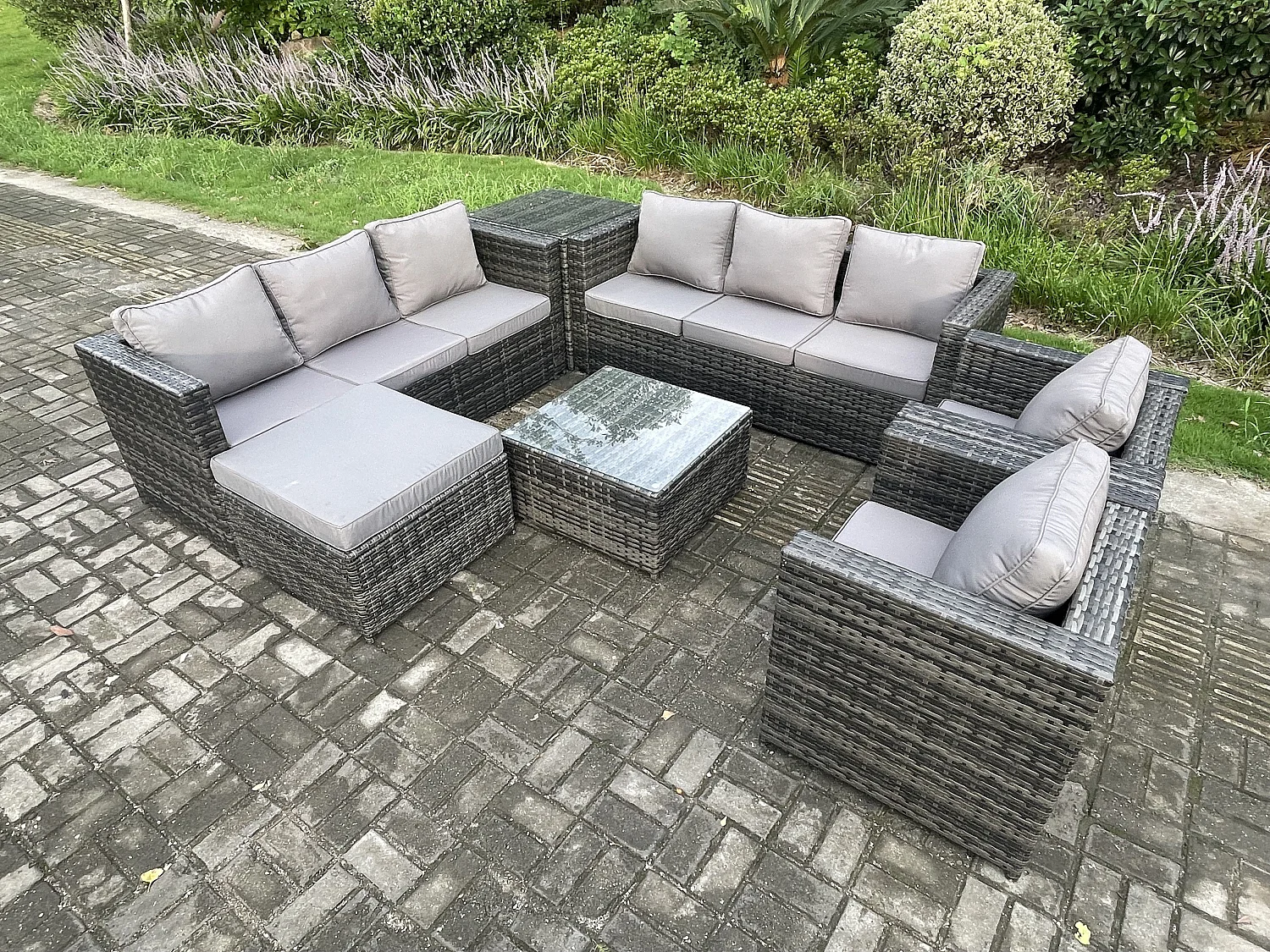Fimous Outdoor Rattan Garden Furniture Set 9 Seater Patio Lounge Sofa Set with 2 Armchairs Side Table Square Coffee Table Big Footstool Dark Grey Mixed