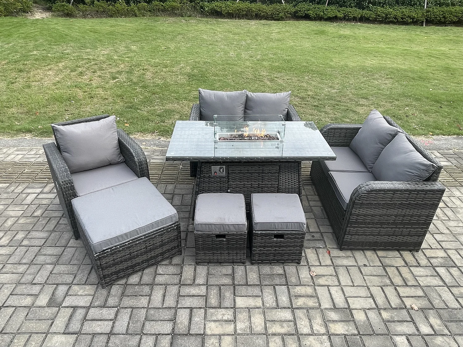 Gartensofa Set mit Gas Feuertisch 8-Sitzer Dunkelgrau
