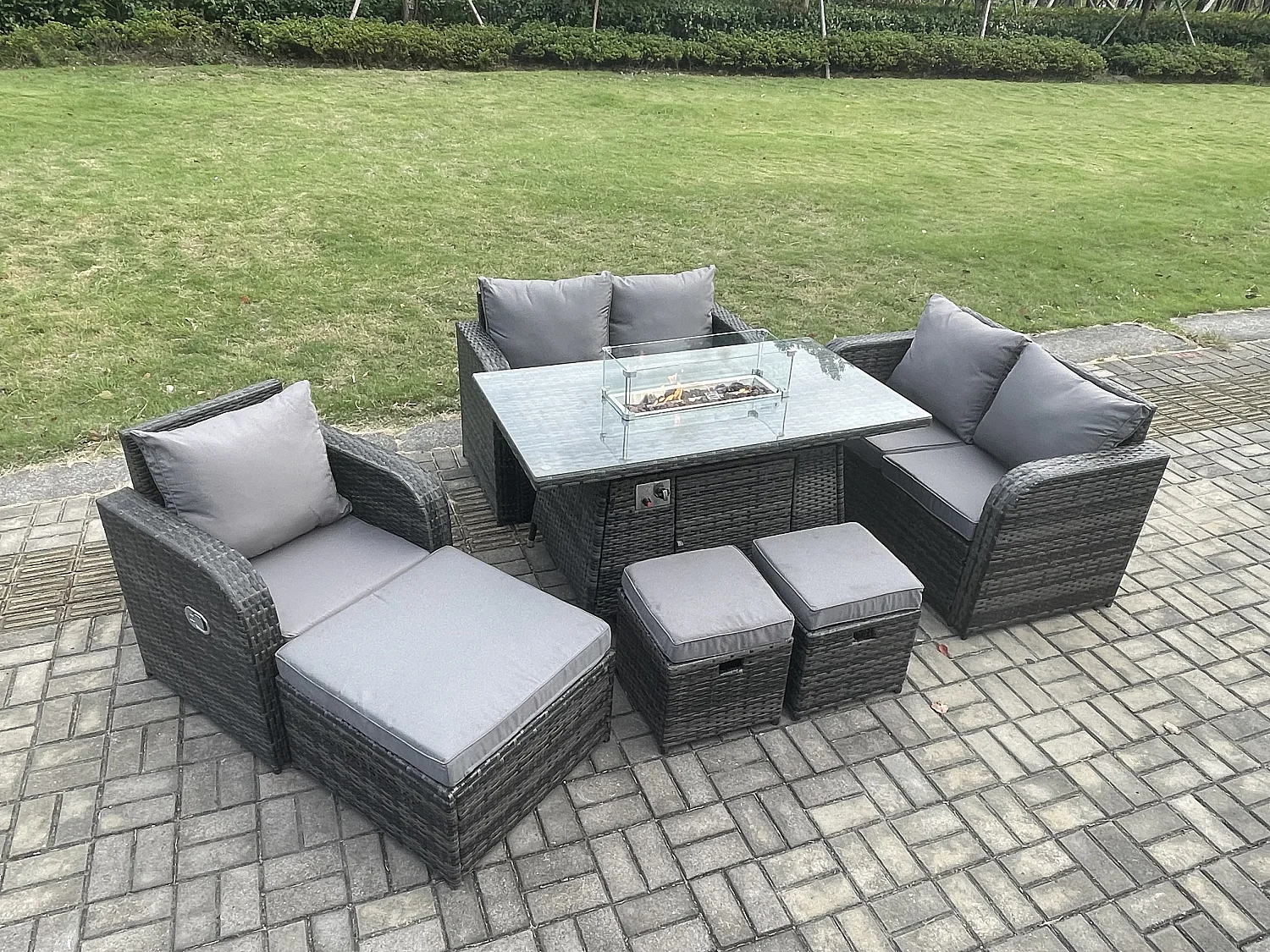 Gartensofa Set mit Gas Feuertisch 8-Sitzer Dunkelgrau