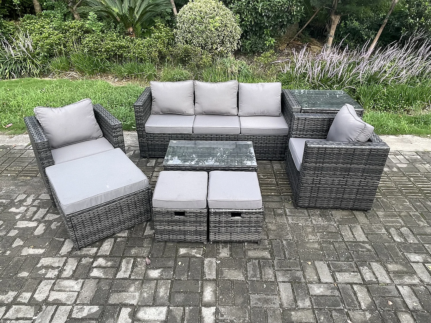 Fimous Outdoor Rattan Garden Furniture Set with 3 Seater Sofa Coffee Table Side Table 2 Armchairs 3 Footstools Patio Lounge Sofa Set Dark Grey Mixed