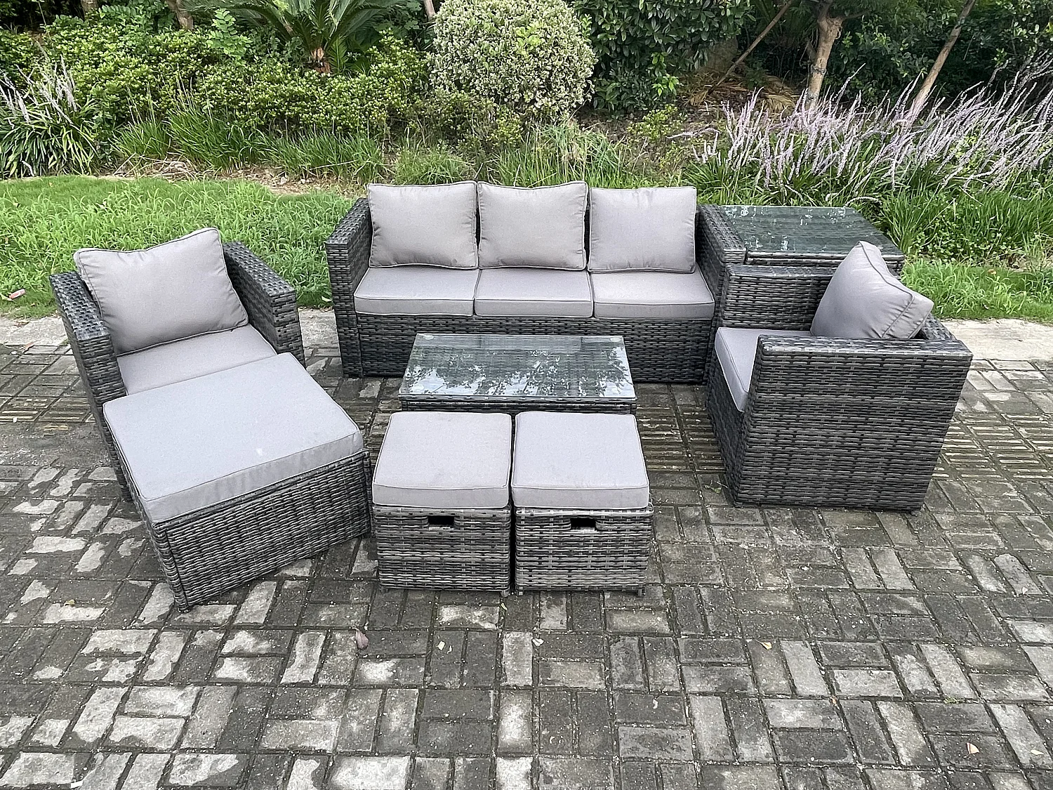 Fimous Outdoor Rattan Garden Furniture Set with 3 Seater Sofa Coffee Table Side Table 2 Armchairs 3 Footstools Patio Lounge Sofa Set Dark Grey Mixed