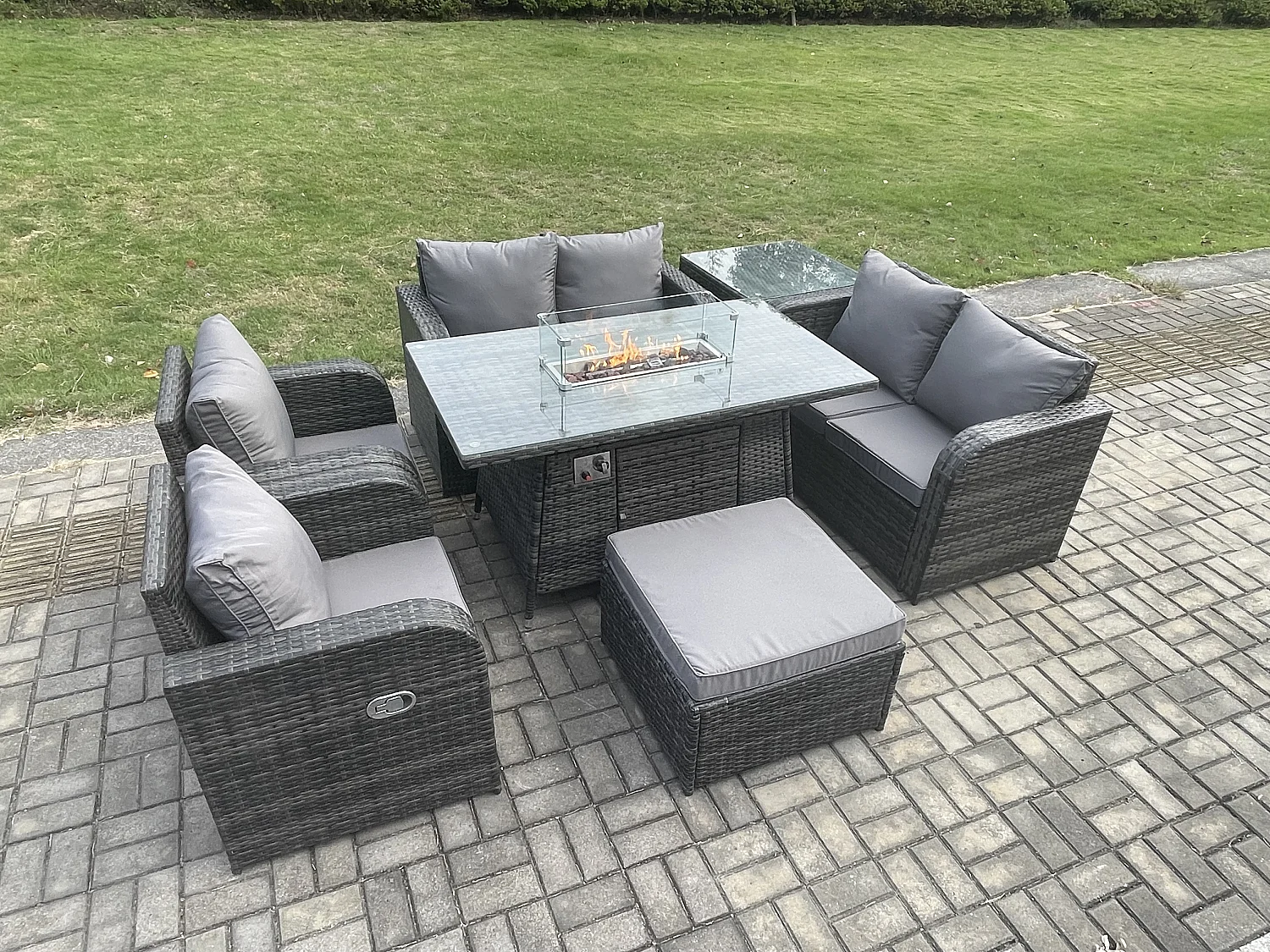 Gartengarnitur Polyrattan mit Gas Feuerstelle Dunkelgrau 7-Sitzer