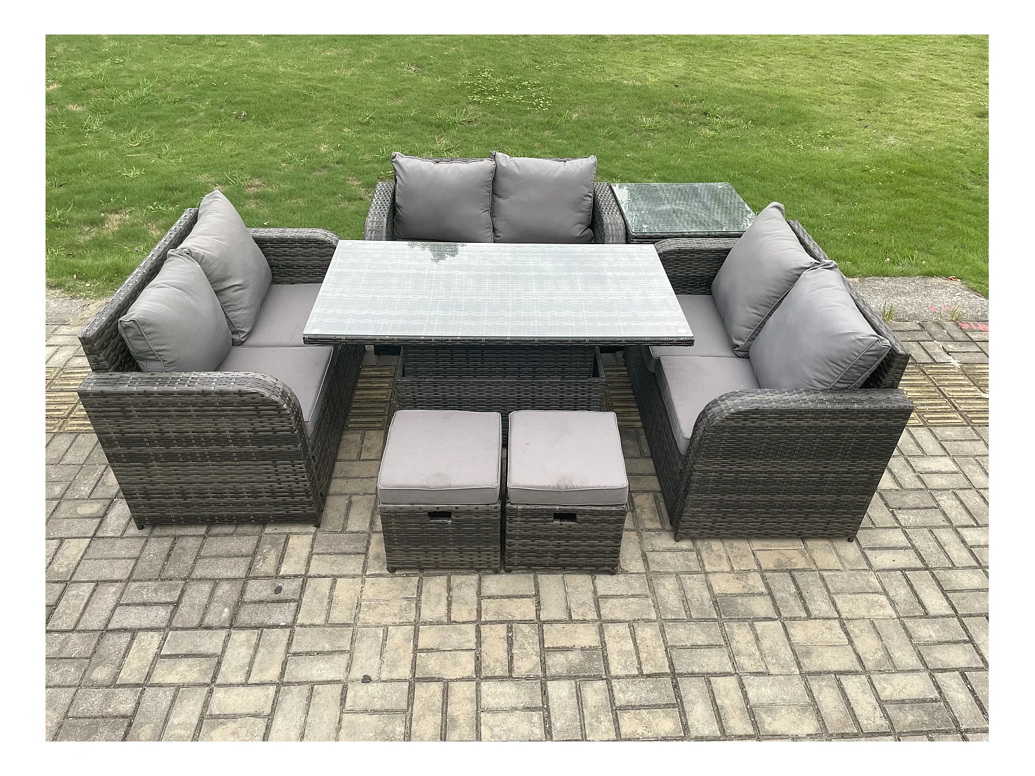 8-Sitzer Polyrattan Gartenmöbel Set mit Esstisch Hocker Sofa