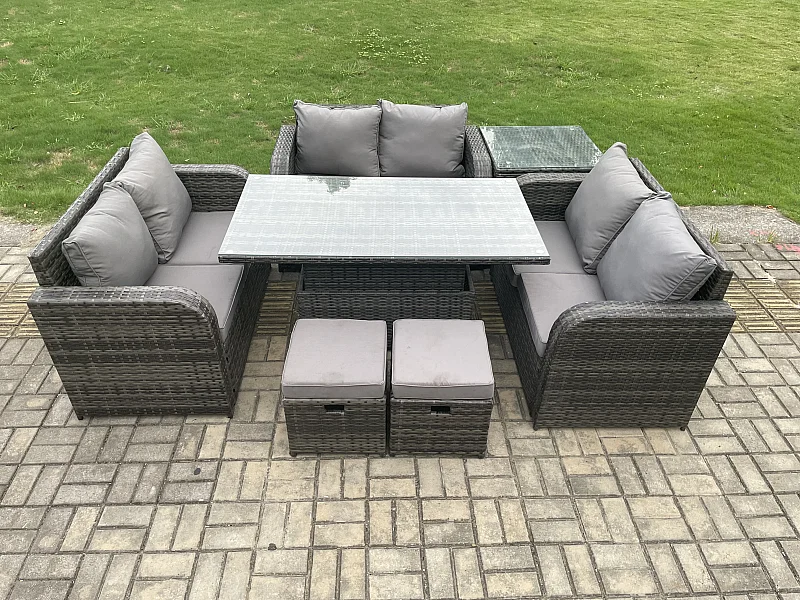 8-Sitzer Polyrattan Gartenmöbel Set mit Esstisch Hocker Sofa