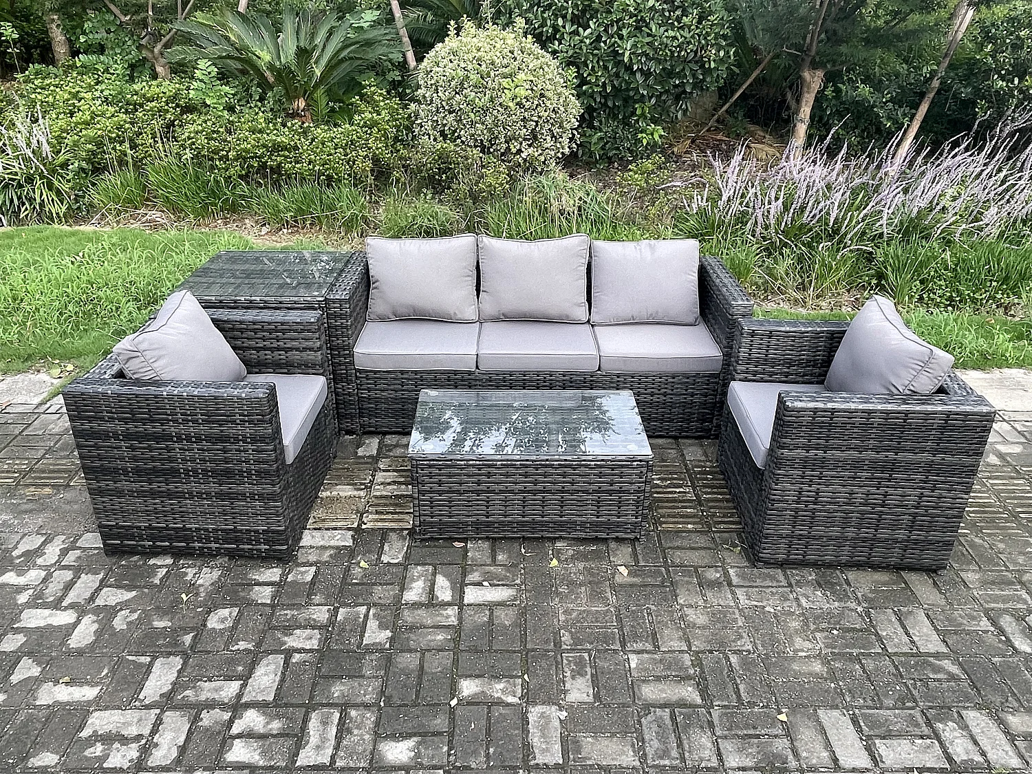 Fimous Rattan Garden Furniture Set with 3 Seater Sofa Coffee Table Side Table 2 Armchairs Indoor Outdoor Patio Lounge Sofa Set Dark Grey Mixed
