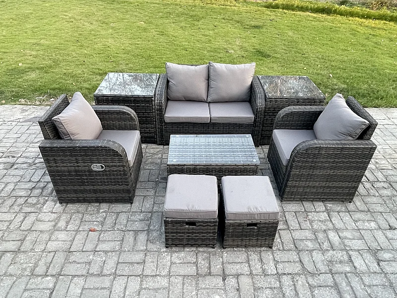 Rattan Gartenmöbel Set mit Gartensofa 6-Sitzer Dunkelgrau