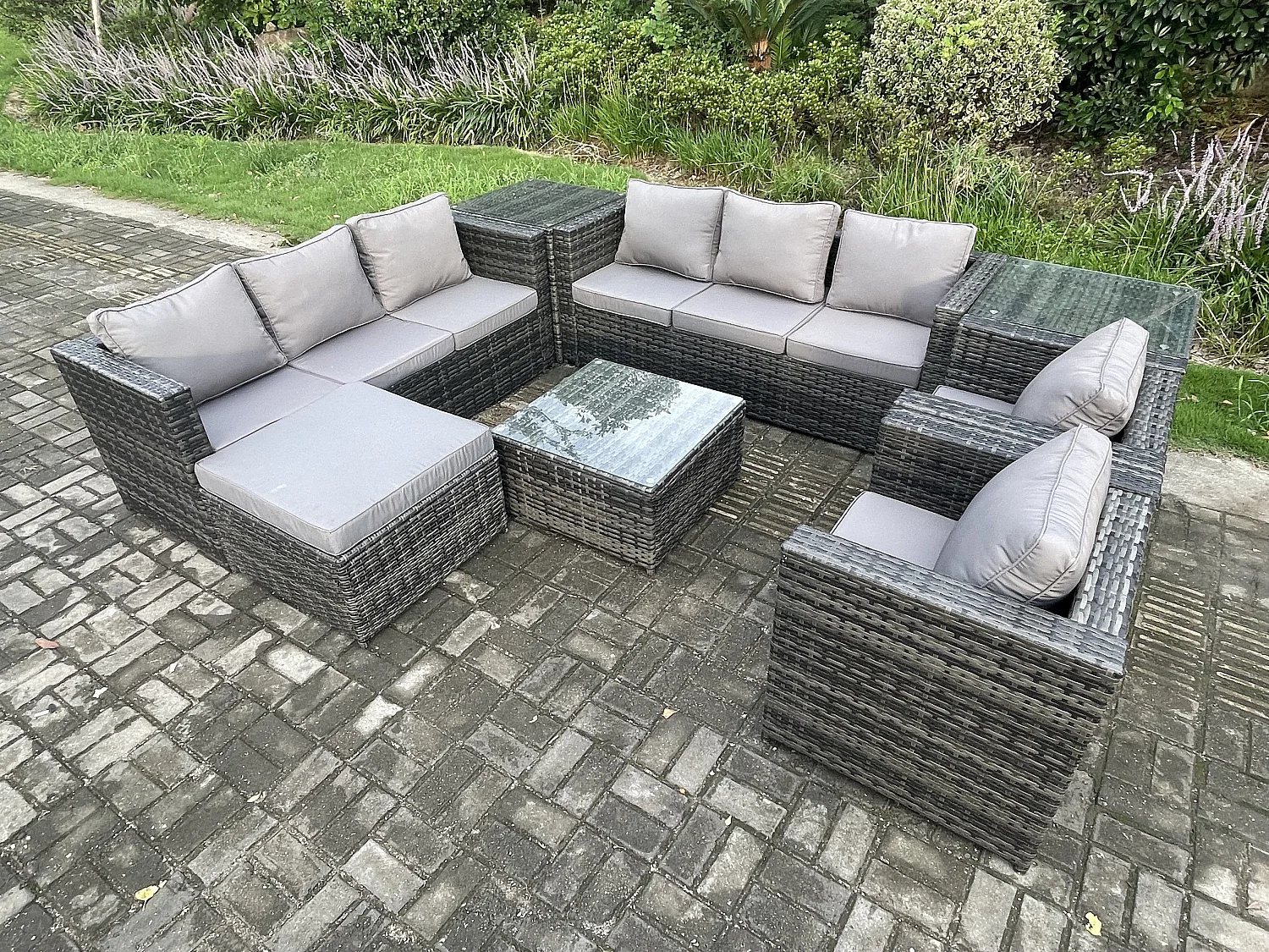 Fimous Rattan Garden Furniture Sofa Set with 2 Armchairs Square Coffee Table Side Table Big Footstool Indoor Side Table 9 Seater Outdoor Rattan Set Dark Grey Mixed
