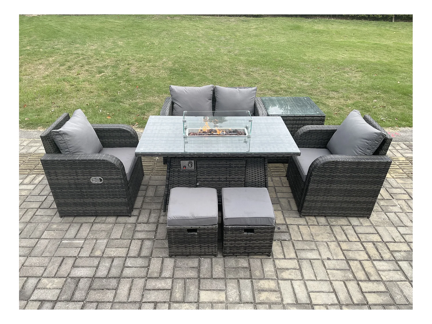 Gartengarnitur Polyrattan mit Gas Feuertisch 6-Sitzer Dunkelgrau