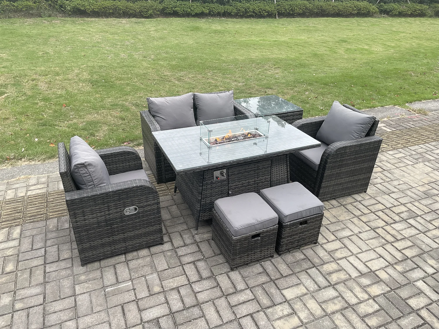 Gartengarnitur Polyrattan mit Gas Feuertisch 6-Sitzer Dunkelgrau