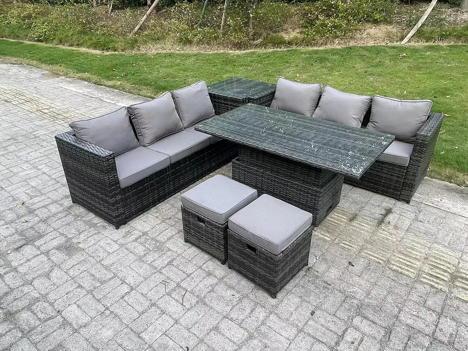 Polyrattan Gartenmöbel Set mit Beistelltisch Dunkelgrau 8-Sitzer