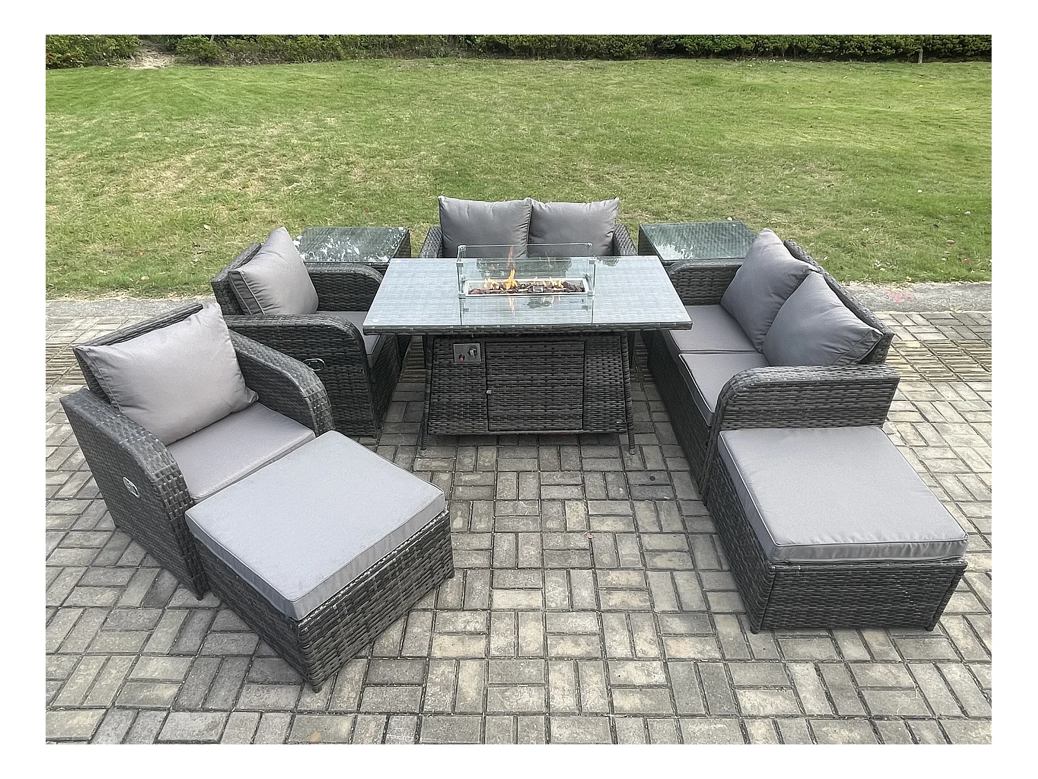 Gartensofa Set mit Gas Feuerstelle Dunkelgrau 8-Sitzer